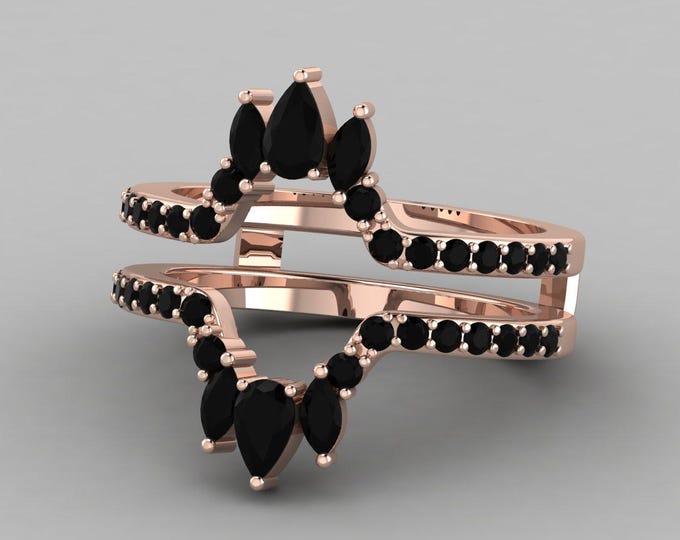 Half Eternity Black Onyx gems Engagement ring Protection gift ring Double Curved Enhancer wedding band Black diamond Wrap Band Woman ring