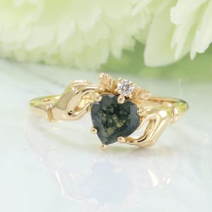 Art Deco Claddagh Wedding Ring Moss Agate Heart Shaped Unique Bridal Promise Matching Ring Leaf Personalized gift Solitaire Handmade Jewelry