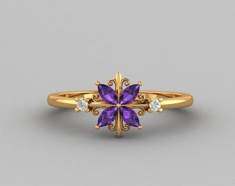 Anillo de boda con filigrana y gema de amatista marquesa, regalo cristiano, anillo de promesa para San Valentín, joyería minimalista hecha a mano para ella.