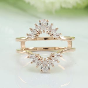 Anillo Tiara de moissanita único, realzador de oro macizo, regalo conmemorativo, alianza de boda de doble curvatura, anillos apilables a juego para mujer, joyería hecha a mano.