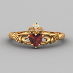 January Birthstone Heart Shape Red Garnet Claddagh Engagement Ring Irish Crown Promise Ring Solid Gold customized gift for woman Dainty ring