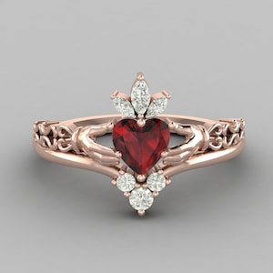 Claddagh Red Garnet Engagement Ring Heart Shaped Wedding Ring Marquise cut Moissanite Stacking Designer ring January Birth ring