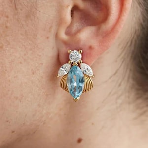Boucles d'oreilles puces abeille en argent 925 et aigue-marine, puces d'oreilles abeille en moissanite taille marquise, bijoux insectes délicats sertis de diamants, cadeau de mars pour elle