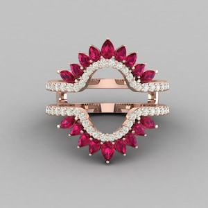 Ruby and Moissanite Ring Enhancer Guard, 14K Rose Gold Double Curved Wedding Band Wrap, Pear Cut Ruby Jacket for Bridal Set Matching Jewelry