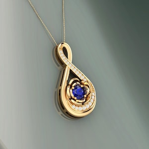 14k yellow gold Rose Flower Design Pendant Necklace September birthstone Dainty Pendant Personalized gifts Blue Sapphire diamond jewelry