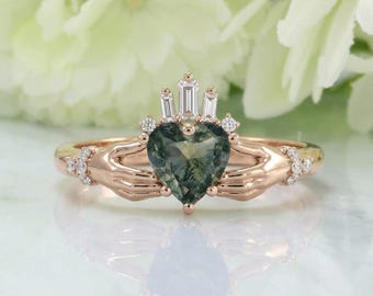 Unique Heart Shape Moss Agate Claddagh Ring Moissanite Baguette cut Diamond Anniversary matching Stackable ring Dainty Delicate custom ring