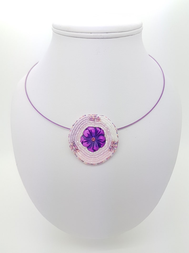 Hibiscus Flower Necklace Purple and Pink Flower Bead Embroidery Pendant