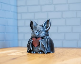 3D Printed Bat Holding Heart Figurine – Dry Brush Painted, 80mm Tall