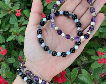 Handmade Crystal Bracelet: Amethyst, Black Obsidian & Rose Gold Hematite