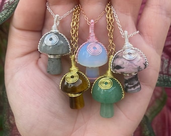 Crystal Mushroom Necklace / Shroomie Pendant / Wire-Wrapped Gemstone Necklaces / Mushrooms / Crystal Healing Jewelry / CottageCore /