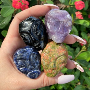 Crystal Alien Heads / Gemstone Alien Skull / Aliens / Space and Planets /  UFO /Crystals / Rose Quartz / Amethyst / Black Obsidian / Unakite