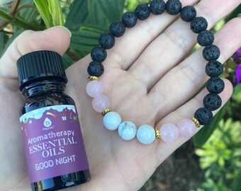 Rose Quartz and Howlite Oil Diffuser Lava Bracelet / Rose Quartz Bracelet / Howlite Bracelet / Beaded Bracelet / Crystal Jewelry / Handmade