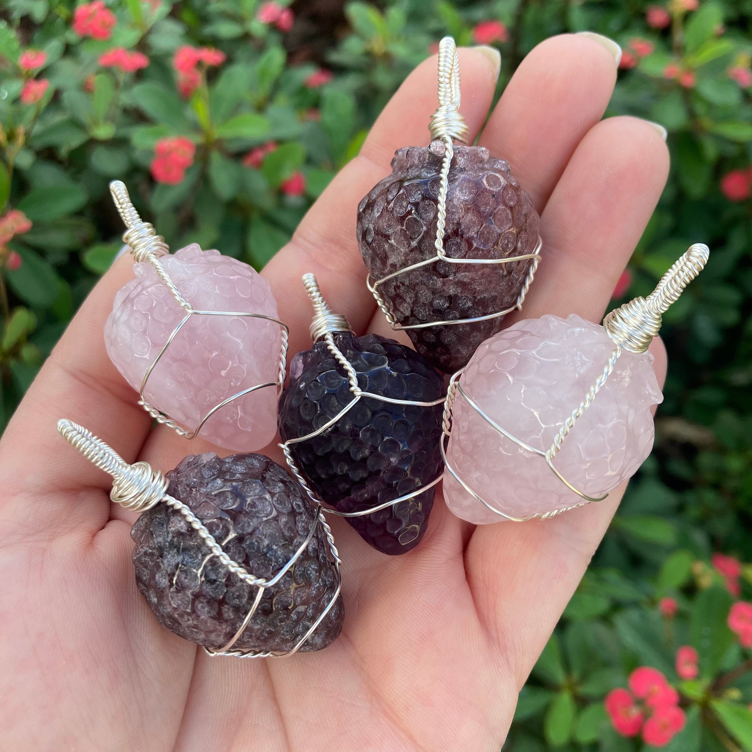 Crystal Strawberry Necklace / Amethyst Necklaces / Strawberry Quartz / Rose Quartz Strawberry Long Necklace / Wire Wrapped Crystals