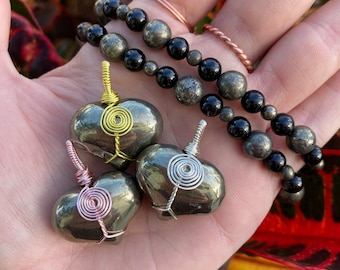 Pyrite & Black Tourmaline Bracelet / Puffy Pyrite Heart Necklace / Kundalini Energy / Pyrite Jewelry / Black Tourmaline Jewelry /Jewelry Set