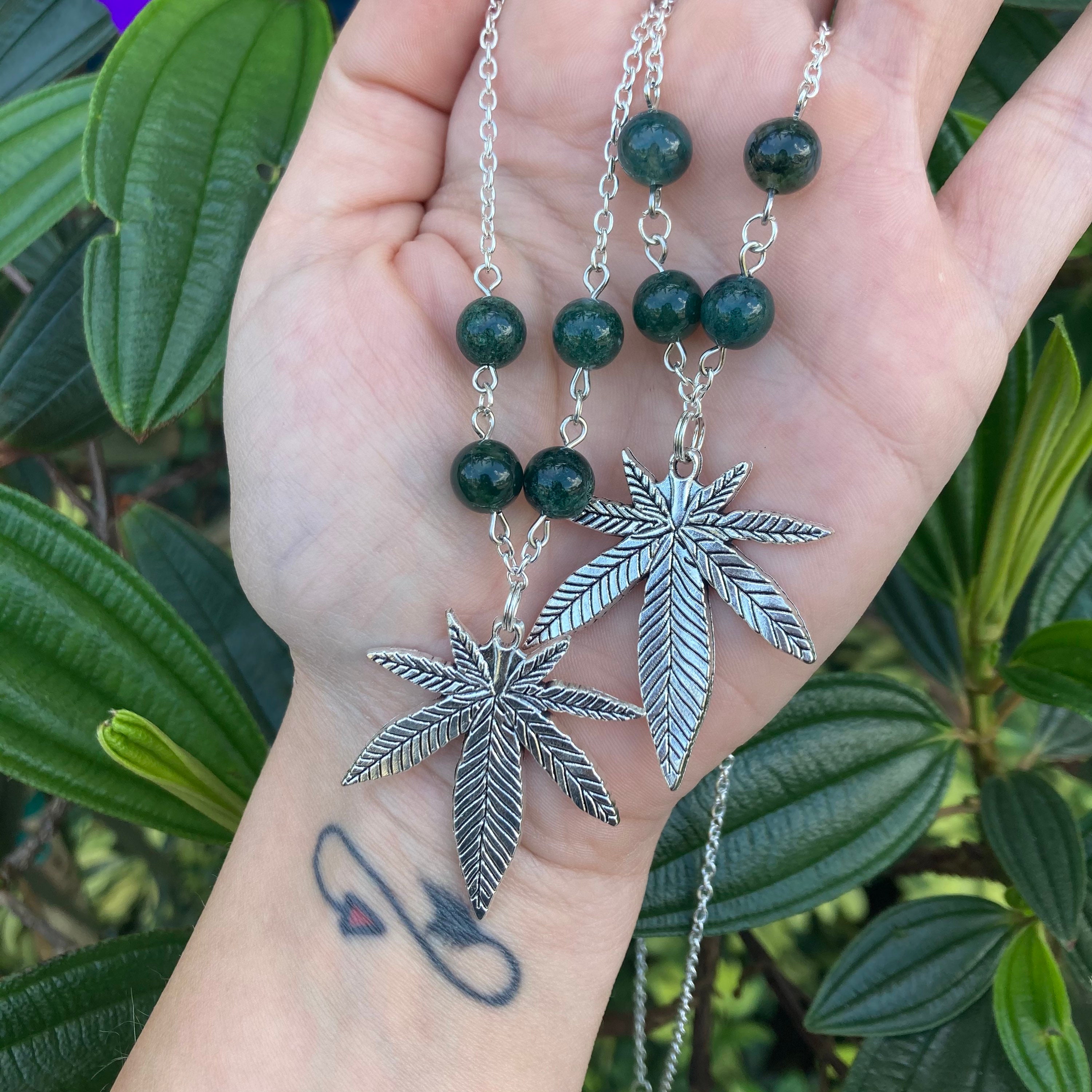 Cannabis Charm Necklace / Moss Agate Necklace / Cannabis & Etsy
