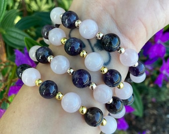Amethyst and Rose Quartz Bracelet, Grief and Love Crystals