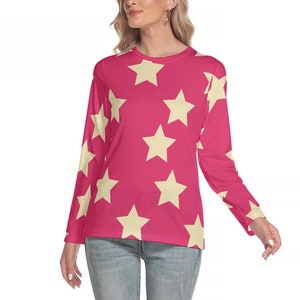T-shirt a maniche lunghe da donna rosa con stelle gialle