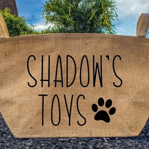 Personalized Name Toy Basket / Dog Toy Basket / Dog Toy Bin / Personalized Dog Basket / Burlap Toy Basket / Burlap Storage Bin