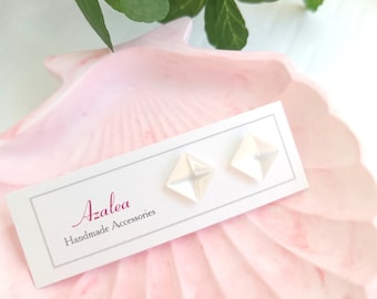 Non-Metal Metal Free Earrings / Square Pyramid Resin Plastic / Silicone Back/ Hypoallergenic Studs / 1 pair / White Pearl color  / White