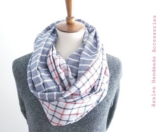 Infinity Scarf / Double Gauze / Cotton / Navy - Red Checks / Reversible