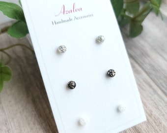 Non-Metal Metal Free Earrings/ VERY TINY Circle Resin Earrings Plastic / Silicone Post / Hypoallergenic Studs / 3 pairs / Black White Silver