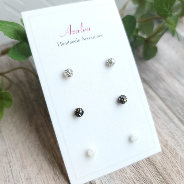 Non-Metal Metal Free Earrings/ VERY TINY Circle Resin Earrings Plastic / Silicone Post / Hypoallergenic Studs / 3 pairs / Black White Silver