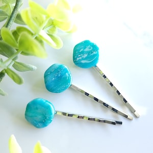 Bobby Pin / Hairpin with Polymer Clay / Teal Green Blue Silver mix / 60mm / Hair Accessories