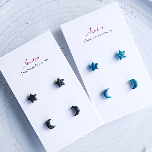 2 pairs / Non-Metal TINY Metal Free Earrings / TINY Moon Star Studs / Polymer Clay Hypoallergenic / Silicone / Blue mix / Black Graphite mix