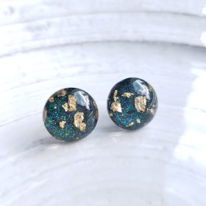 Non-Metal Metal Free Earrings / Medium Large Half Round Acrylic Earrings / Black / Silicone Post / Gold & Green Aurora Sparkles / 1 pair