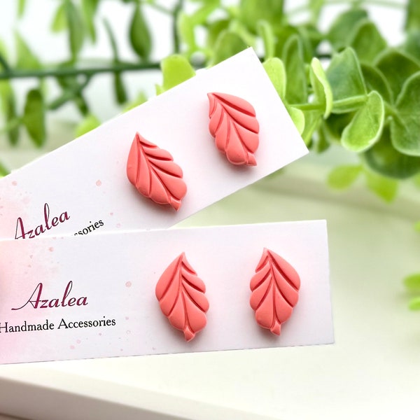 Non-Metal Metal Free Earrings / Leaf Studs / Coral Pink Orange-Pink / Silicone back / Hypoallergenic Stud Earrings / 1 pair