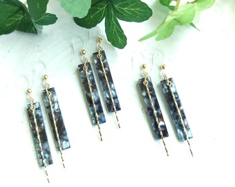 Non-Metal / Metal Free Earrings / Hooks Dangle/ Acrylic Stick with Metal Gold Stick / Dark Green Brown Light Blue Marble / 1 pair
