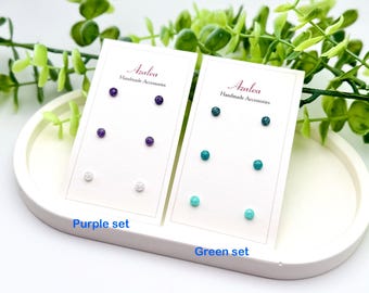 Non-Metal Metal Free Earrings / VERY TINY Circle Resin Earrings Plastic / Silicon Back Hypoallergenic Studs 3pairs / Green or Purple Glitter