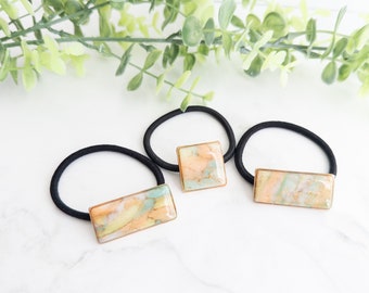 Hair Tie / Hair Tie with Polymer Clay /Metal Frame Accent / Orange Yellow Green Gold Marble mix / Rectangle Square / Hair Accessories
