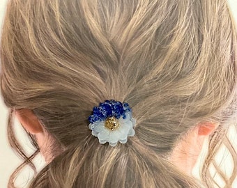 Ponytail Hook / Cuff Holder / Polymer Clay Resin / Hook to Hair Tie / Hair Accessories / Flower / Resin with Color glass / Blue Orange