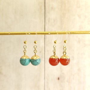 Non-Metal / Metal Free Earrings / Hooks / Stone Ball Charms / Turquoise Red Agate Gold / 1 pair / Ball Drop