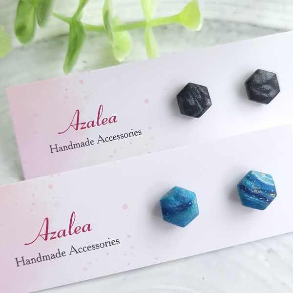 Non-Metal Metal Free Earrings / 9mm / Silicone Post / Hypoallergenic Studs / Small Hexagon / Polymer Clay / Blue Teal Black Graphite/ 1 pair