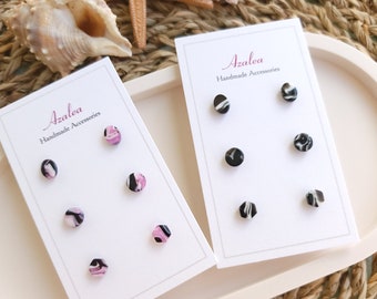 Non-Metal Metal Free Earrings / TINY Resin Plastic / Silicone Post / Hypoallergenic Studs / 3 pairs / Black or Pink marble / Oval Round Hex