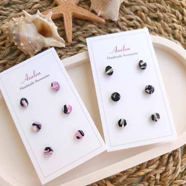 Non-Metal Metal Free Earrings / TINY Resin Plastic / Silicone Post / Hypoallergenic Studs / 3 pairs / Black or Pink marble / Oval Round Hex