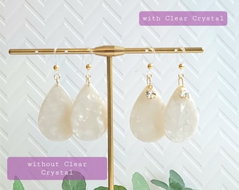 Non-Metal Metal Free Earrings / Hooks / Acrylic Tear Drop / with without Clear Crystal / Shiny Off-White Ivory Marble / 1 pair / Large Small