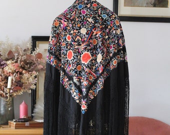 Châle de piano antique en soie brodé c.1920 - Antique Manton de Manilla - Piano shawl