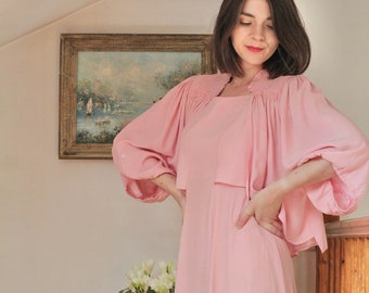 Rare 30s nightgown and bed jacket set in pink crepe