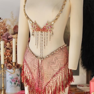 Puede incluir: Prenda ornamentada de estilo vintage sobre un maniquí. La pieza presenta una falda rosa con flecos y una parte superior enjoyada con adornos colgantes. La parte superior y las correas están adornadas con cristales y metal dorado.