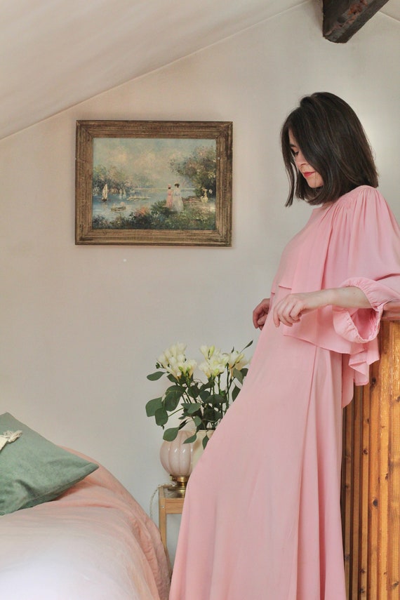 Rare 30s nightgown and bed jacket set in pink crepe Gem