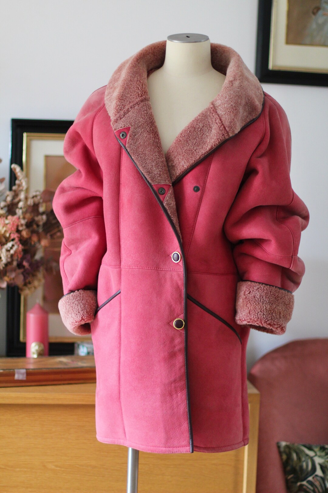 Pink Shearling Coat French Vintage Bubblegoat Leatehr Coat Etsy