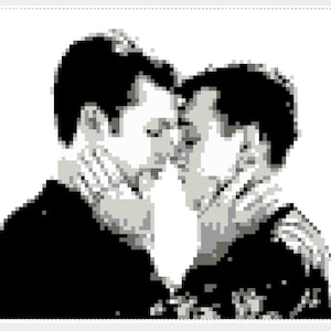 May include: Pixelated black and white image of two people in close proximity, their faces nearly touching. The image is a digital illustration with a focus on the interaction between the two figures.