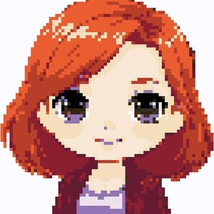 May include: Pixelated illustration of a person with red hair, wearing a purple top, a burgundy jacket, and a dark skirt. The character has large eyes and is standing against a white background.