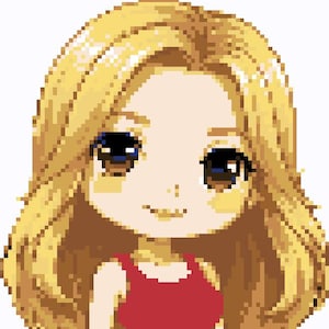 Può includere: Illustrazione in pixel art di un personaggio in stile chibi con capelli biondi, che indossa una canotta rossa e jeans blu. Il personaggio tiene in mano un paletto o un coltello marrone. L'immagine ha uno sfondo bianco.