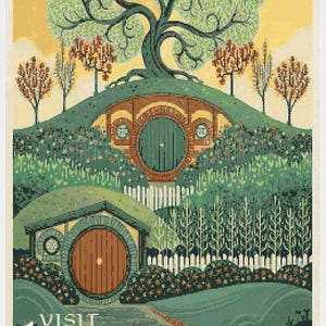 May include: A colorful illustration of Hobbiton, featuring two hobbit holes with round doors nestled in a green hillside. A large tree sits atop the hill, with the text "VISIT HOBBITON the shire" at the bottom.