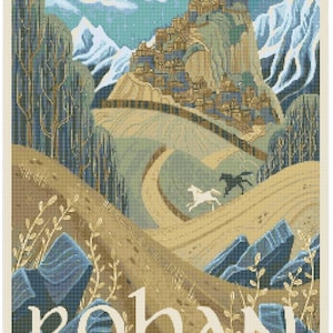 May include: A cross-stitch landscape depicting Rohan, the Land of the Horse Lords. The image features a mountain village, rolling hills, and running horses. The color palette includes blues, greens, and browns, with the text "Rohan" and "Land of the Horse Lords" at the bottom.