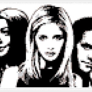 May include: A pixelated black and white image featuring three individuals. The central person has long blonde hair, with two others on either side with dark hair. The image is a stylized portrait, possibly a pop culture reference.